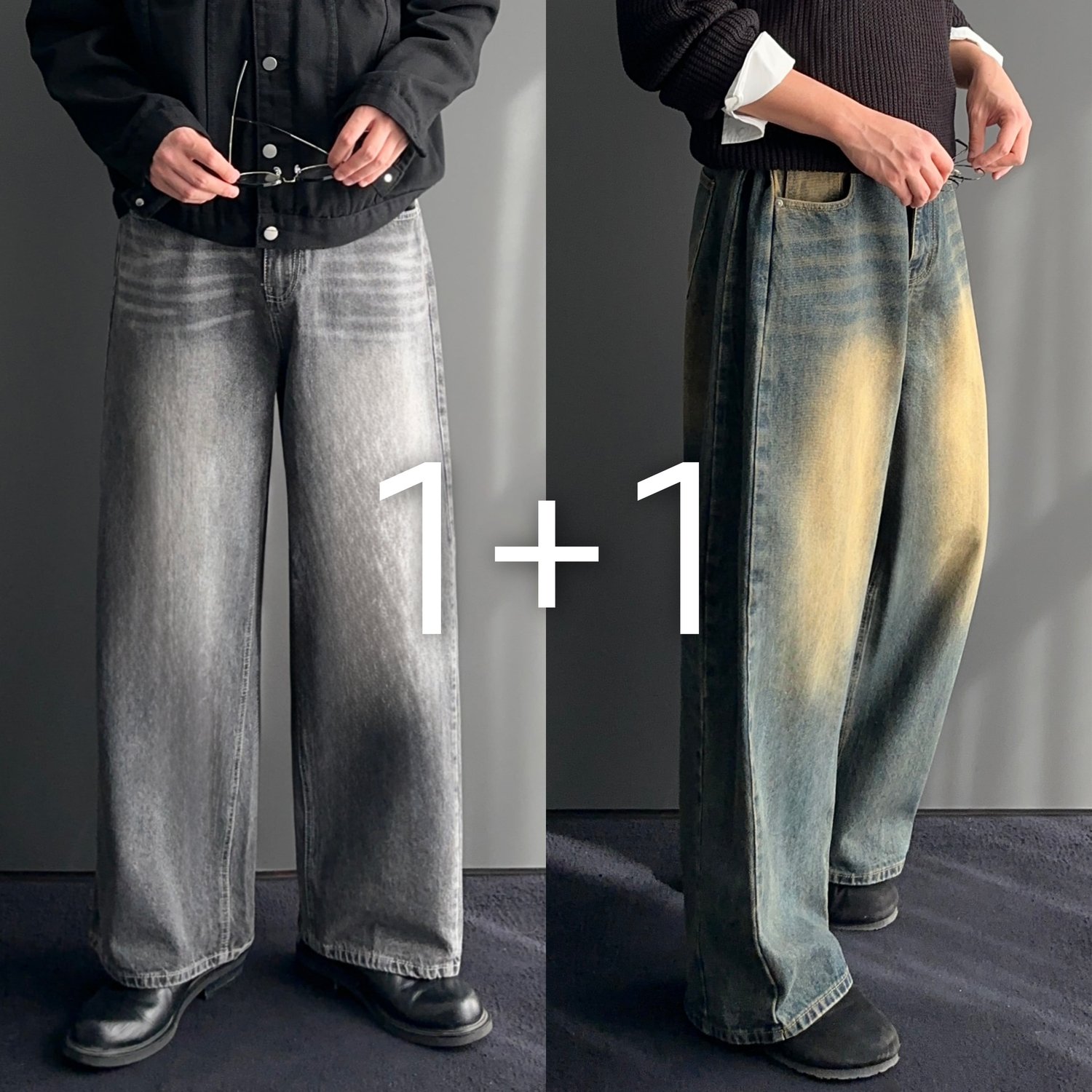 [1+1] 남자 샌드워싱 벌룬 와이드 청바지 데님 2color 1
