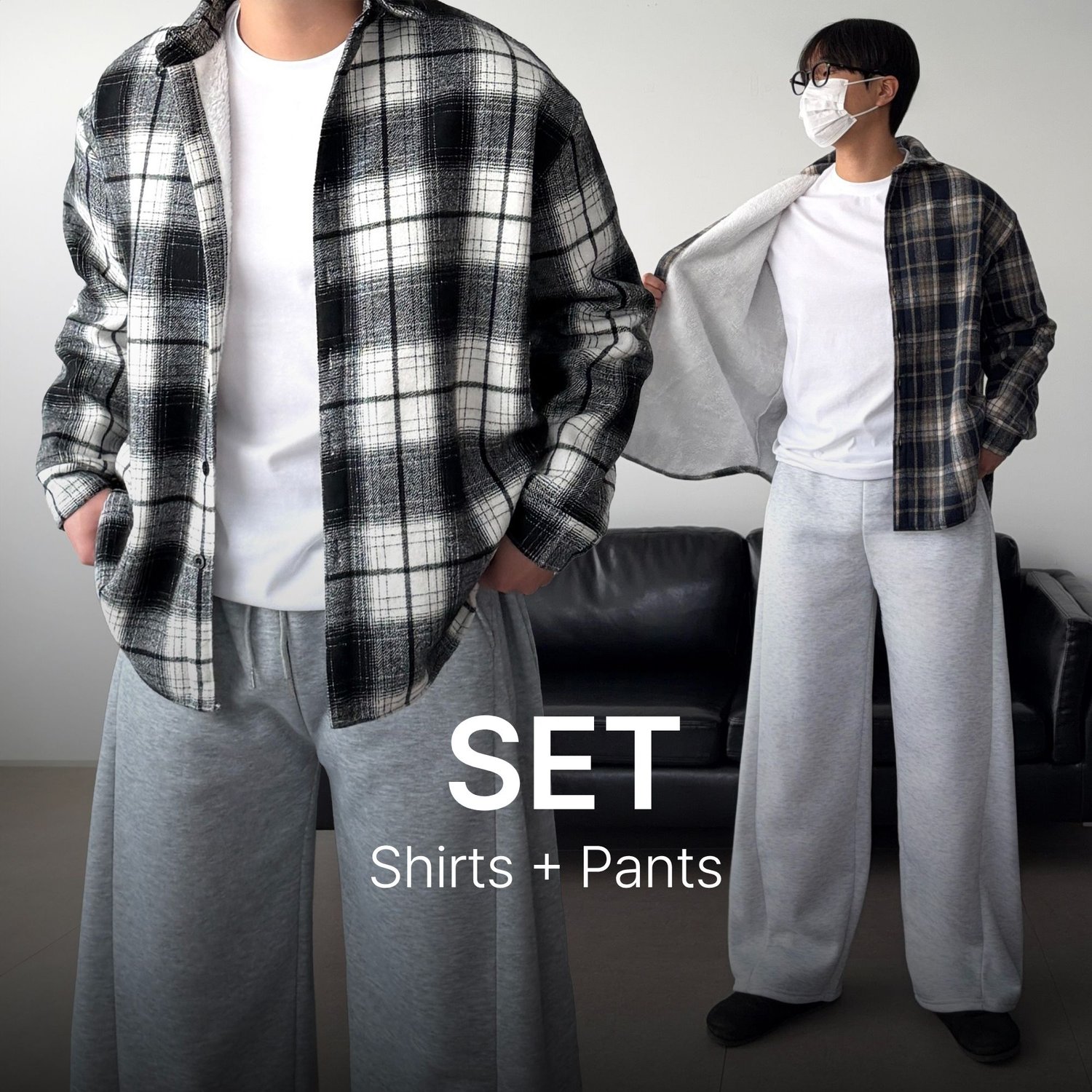 [SET]  기모 체크 셔츠 구매시 + 사이드 스웻 팬츠 1