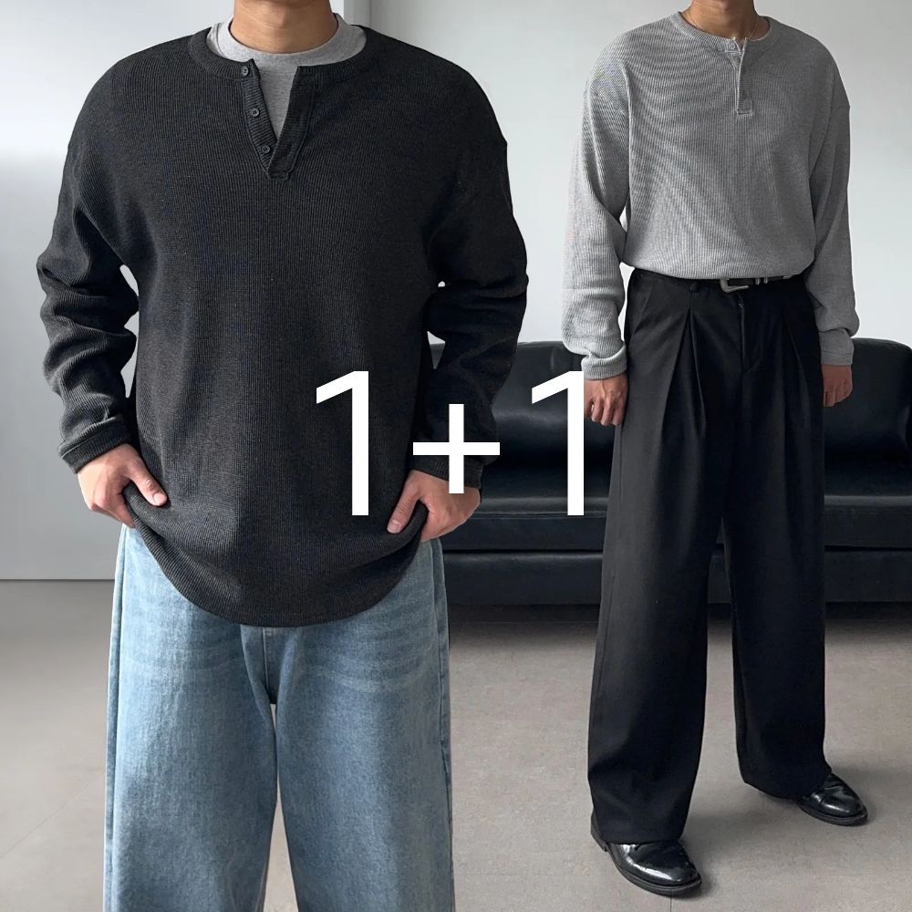 [1+1] 남자 남성 헨리넥 와플 오버핏 루즈핏 긴팔 긴팔티 4color 1