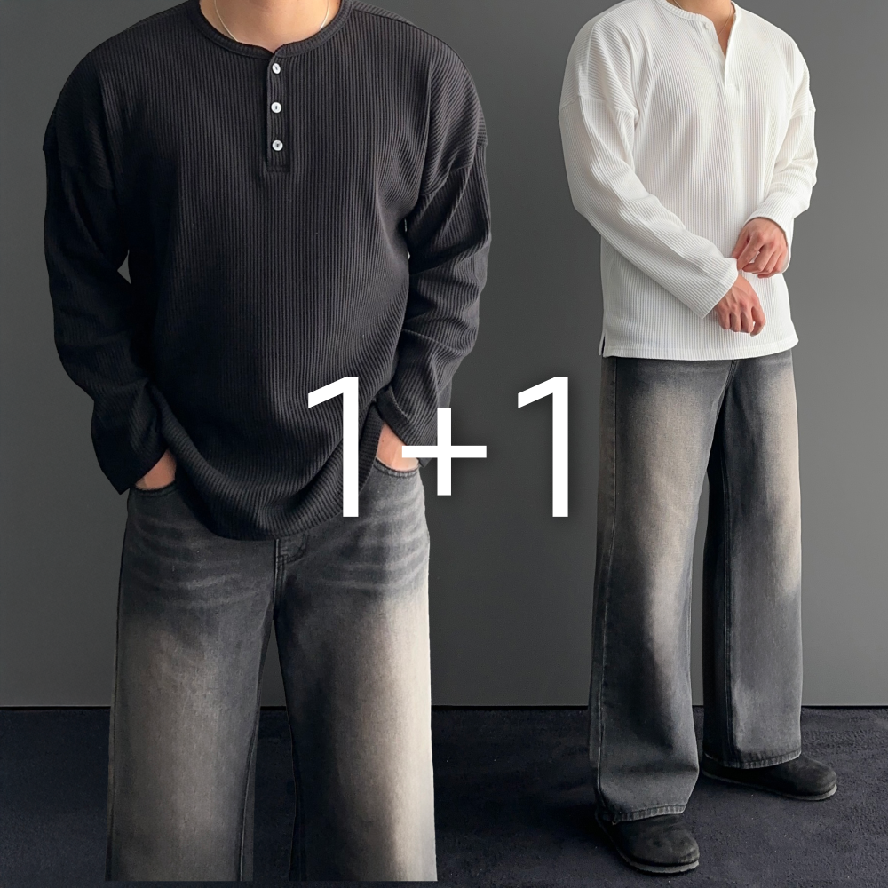 [1+1] 와플 헨리넥 무지 드롭숄더 어깨넓어보이는 티셔츠 5color 1