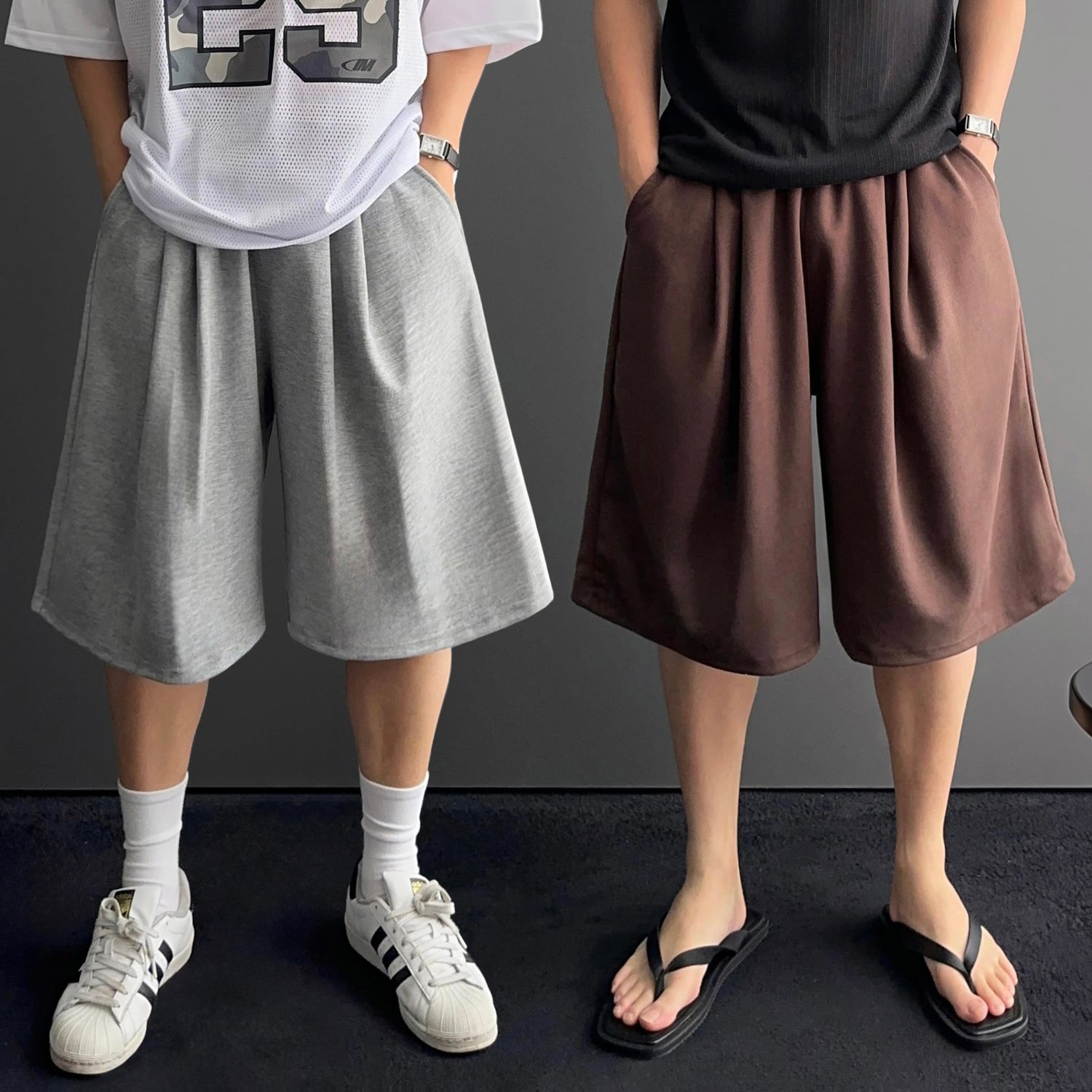 남자 남성 투턱 와이드 오버핏 7부 버뮤다 트레이닝 회색 반바지 팬츠 3color 1