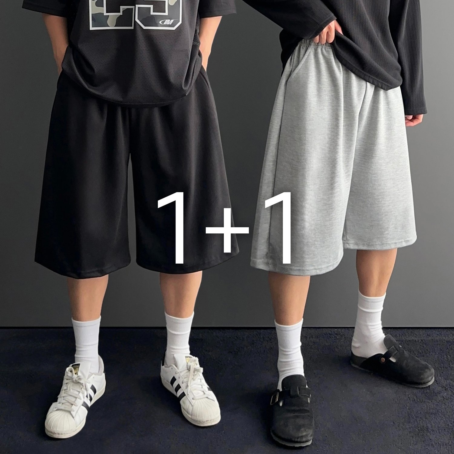 [1+1] 남자 남성 와이드 오버핏 7부 버뮤다 트레이닝 회색 반바지 팬츠 3color 1