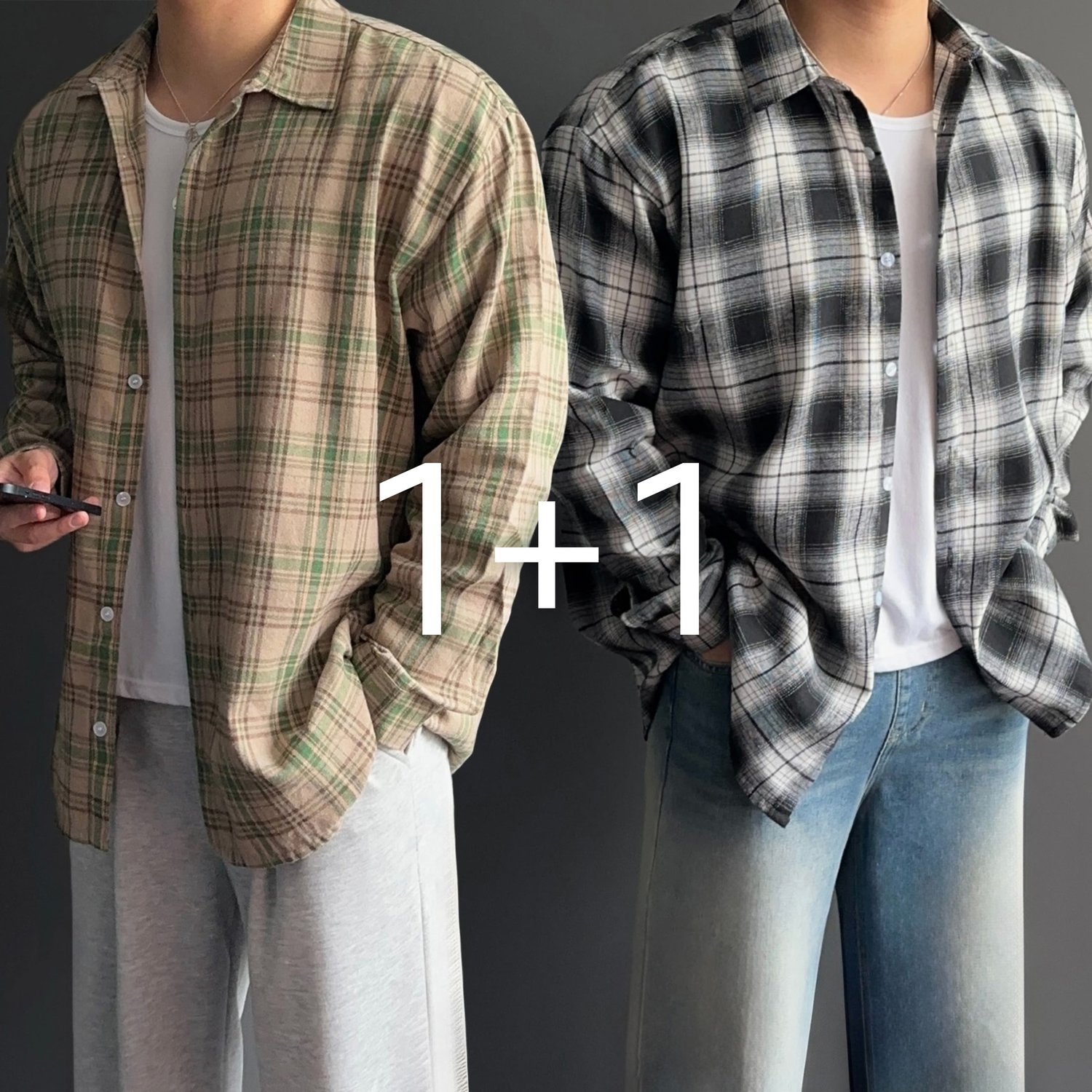 [1+1] 남자 남성 체크 플란넬 오버핏 루즈핏 셔츠 남방 5color 1